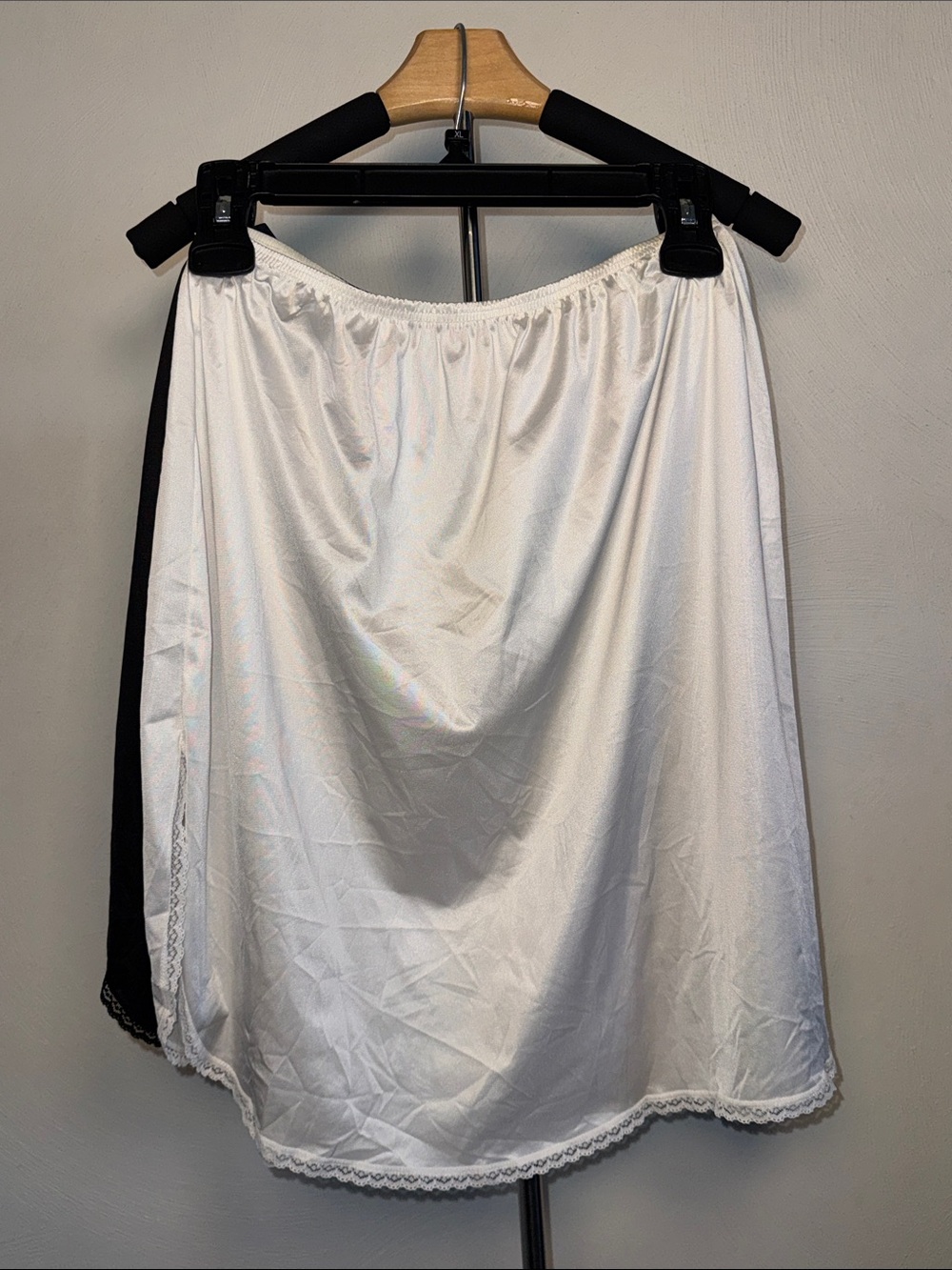 Vanity Fair White and Black Satin Half Slip with Lace Trim